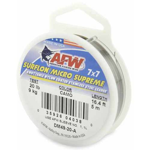 Surflon Micro Supreme, Nylon Coated 7x7 Stainless Steel Leader Wire, 20 lb (9 kg) test, .015 in (0.38 mm) dia, Camo, 16.4 ft (5 m)