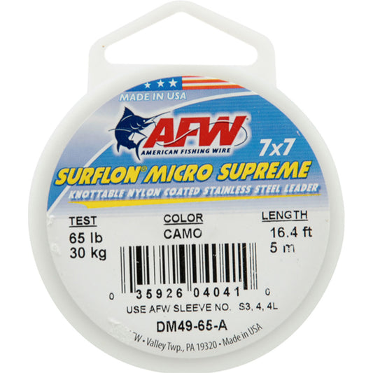 Surflon Micro Supreme, Nylon Coated 7x7 Stainless Leader, 65 lb (30 kg) test, .030 in (0.76 mm) dia, Camo, 16.4 ft (5 m)