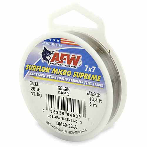 Surflon Micro Supreme, Nylon Coated 7x7 Stainless Leader, 26 lb (12 kg) test, .018 in (0.46 mm) dia, Camo, 16.4 ft (5 m)