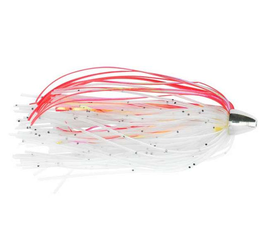 C&H, King Buster Lure, Iridescent Pearl/Red Mylar Skirt, 1/8 oz (3.5 g) Head, 2.5 in (6.35 cm), 3 pc